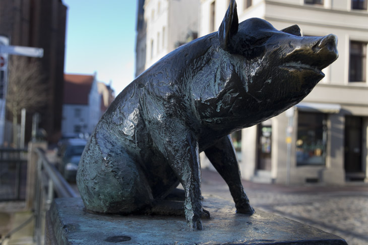 In der Altstadt von Wismar, Bronzeschwein an der Schweinsbrücke